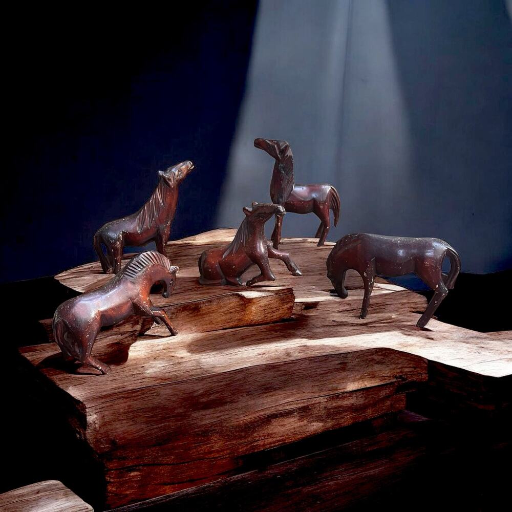 Vtg. Hand Carved Wood Horse Figurine Set of 5 MCM Folk Art Herd Primitive